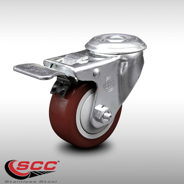 3 Inch SS Maroon Polyurethane Swivel Bolt Hole Caster with Total Lock Brake SCC
